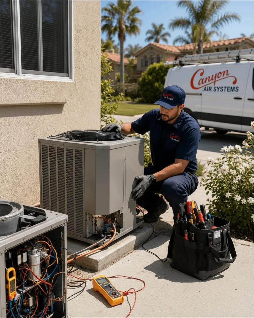 Canyon Air Systems technician servicing an outdoor AC unit