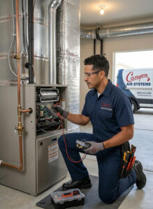 canyon air technician fixing heating unit