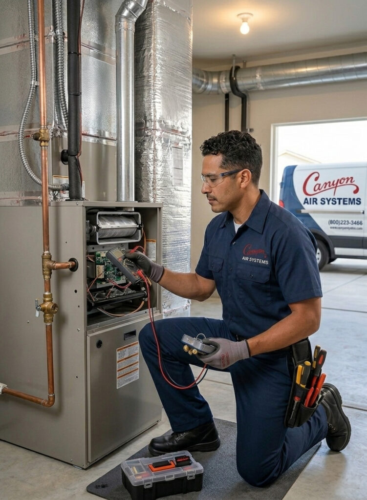 canyon air technician fixing heating unit