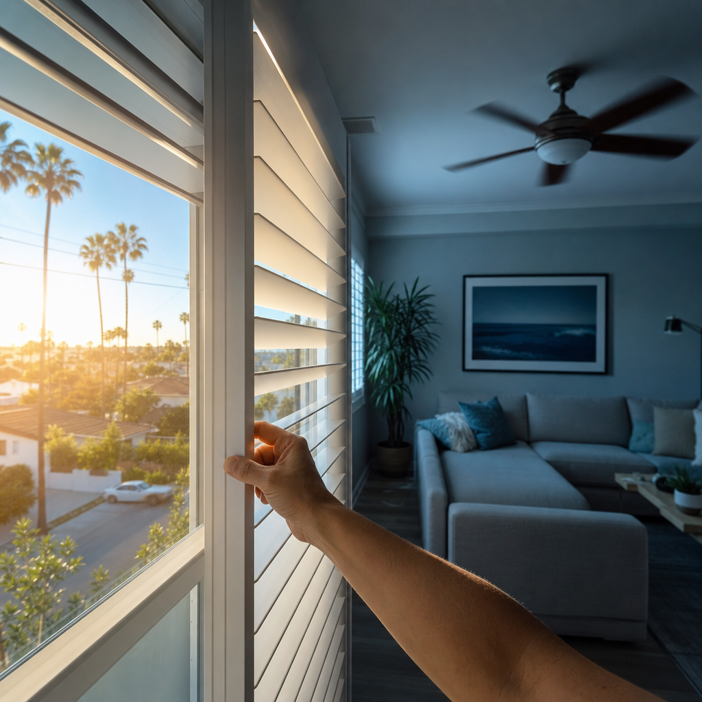 Homeowner closing white plantation blinds against intense afternoon sun during a Southern California heat wave