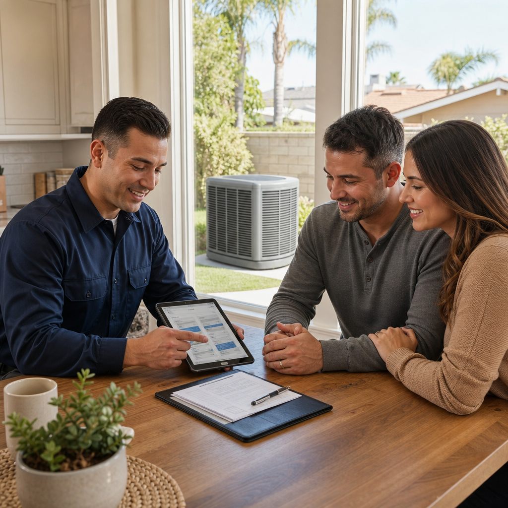 Canyon Air Systems comfort advisor reviewing HVAC financing options with homeowners at their kitchen table